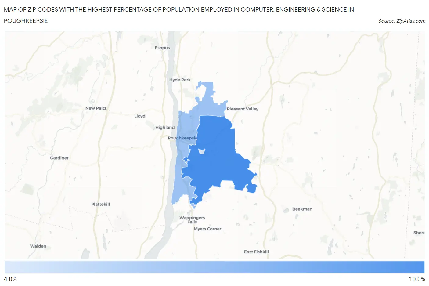 Zip Codes with the Highest Percentage of Population Employed in Computer, Engineering & Science in Poughkeepsie Map