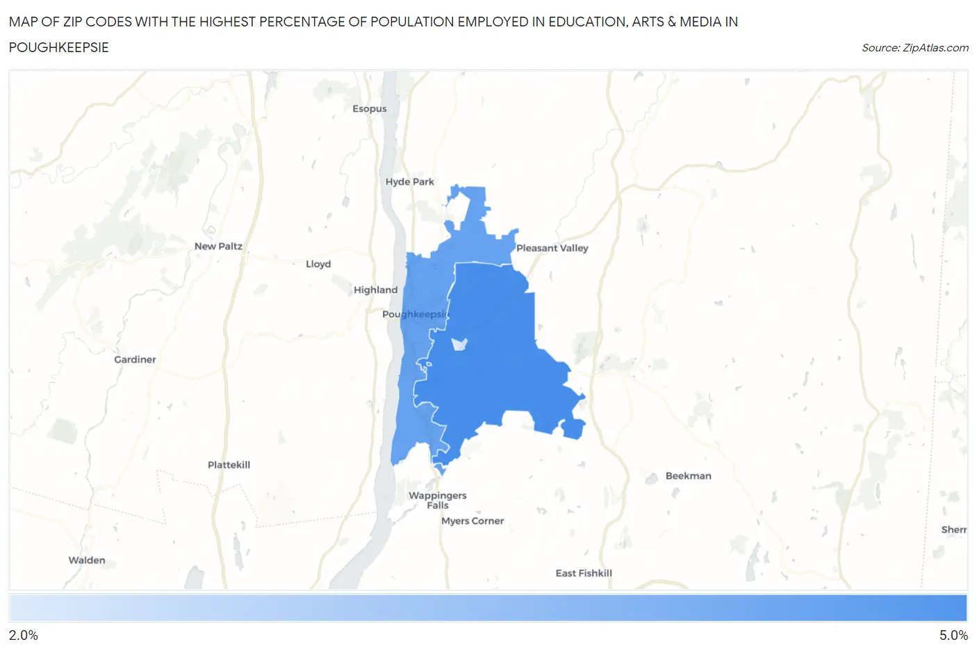 Zip Codes with the Highest Percentage of Population Employed in Education, Arts & Media in Poughkeepsie Map
