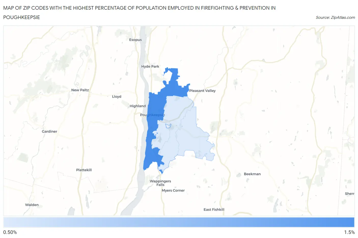 Zip Codes with the Highest Percentage of Population Employed in Firefighting & Prevention in Poughkeepsie Map