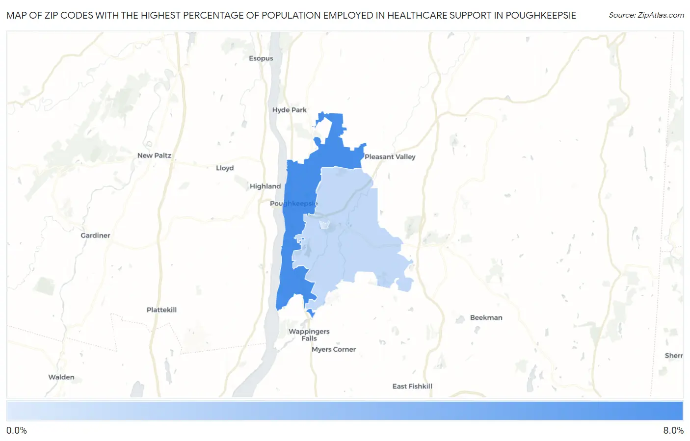 Zip Codes with the Highest Percentage of Population Employed in Healthcare Support in Poughkeepsie Map