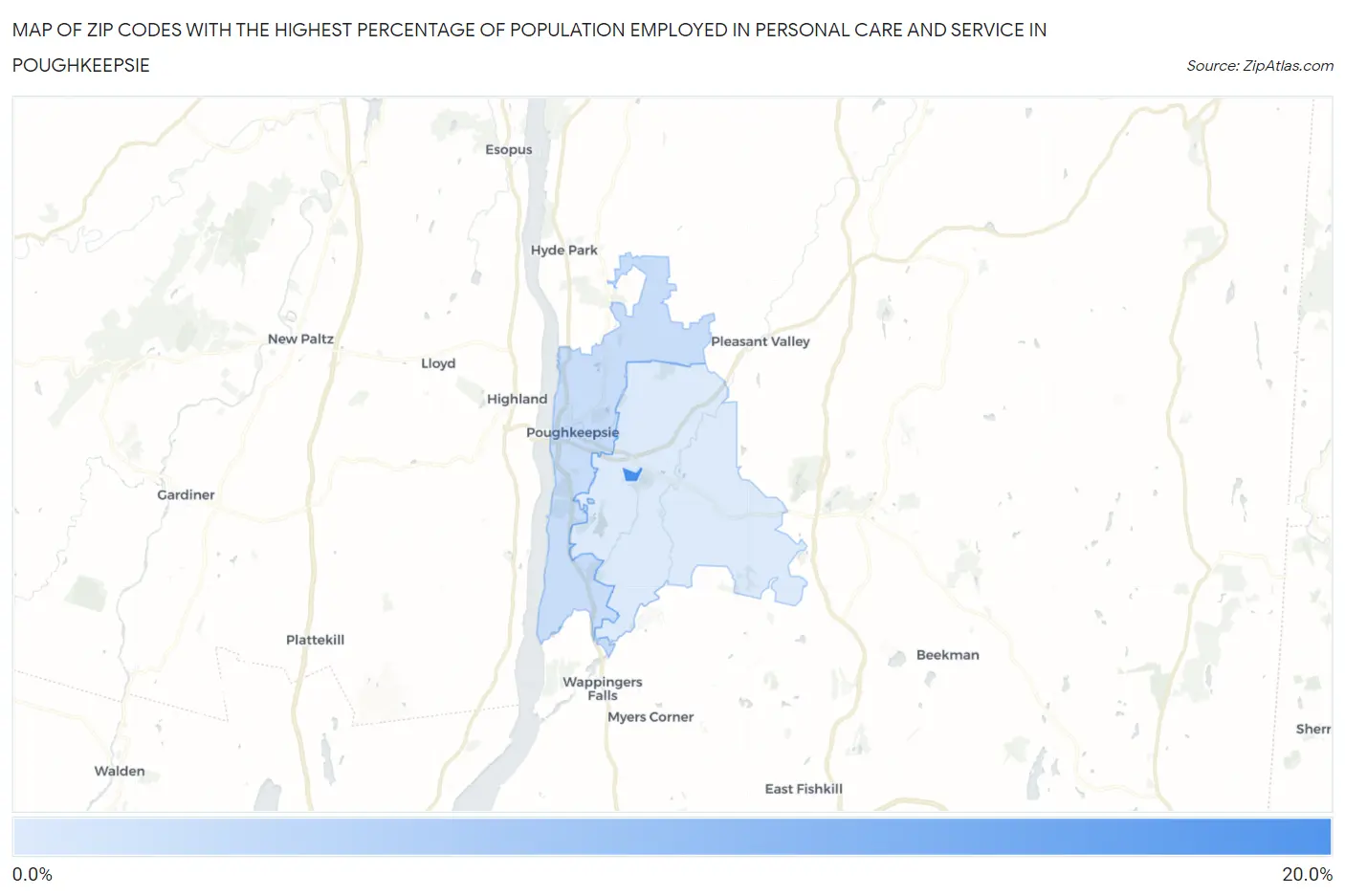 Zip Codes with the Highest Percentage of Population Employed in Personal Care and Service in Poughkeepsie Map
