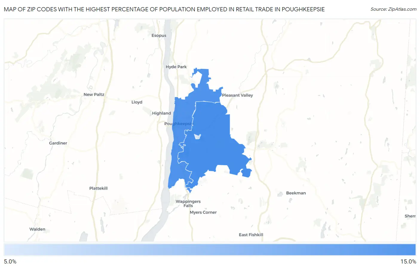 Zip Codes with the Highest Percentage of Population Employed in Retail Trade in Poughkeepsie Map