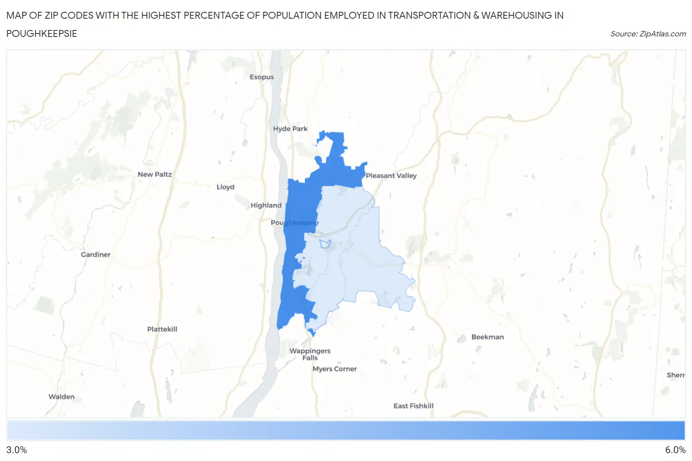 Zip Codes with the Highest Percentage of Population Employed in Transportation & Warehousing in Poughkeepsie Map
