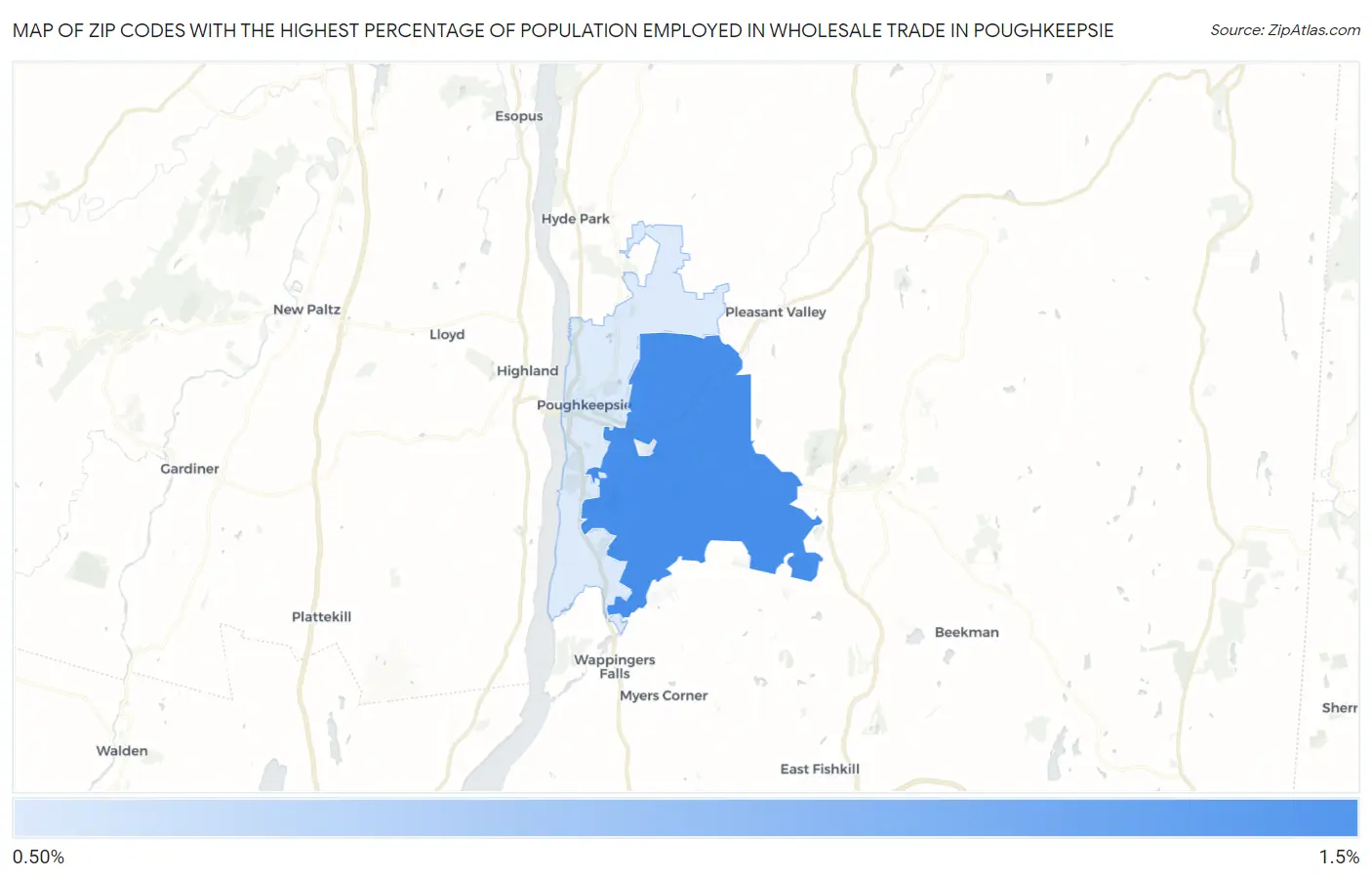 Zip Codes with the Highest Percentage of Population Employed in Wholesale Trade in Poughkeepsie Map