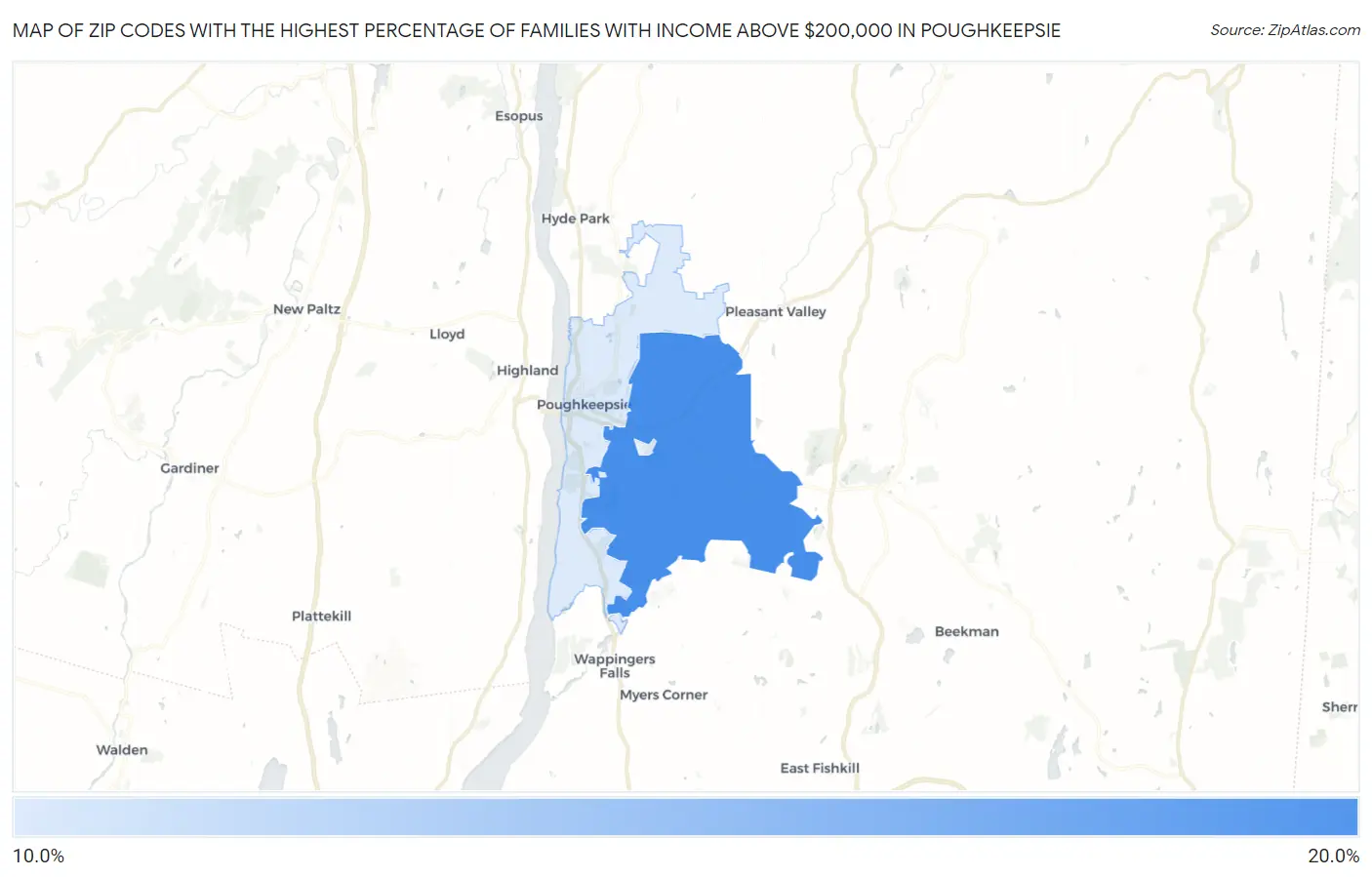 Zip Codes with the Highest Percentage of Families with Income Above $200,000 in Poughkeepsie Map