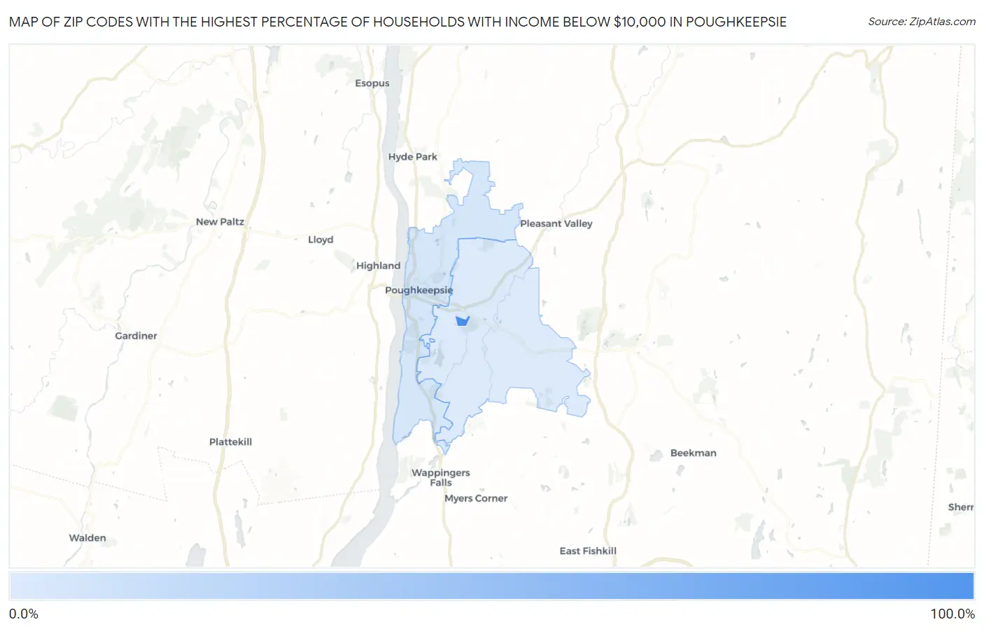 Zip Codes with the Highest Percentage of Households with Income Below $10,000 in Poughkeepsie Map