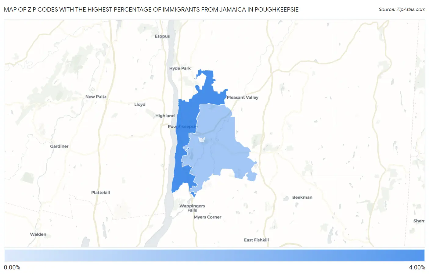 Zip Codes with the Highest Percentage of Immigrants from Jamaica in Poughkeepsie Map