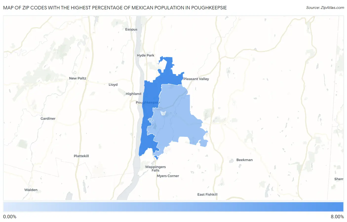 Zip Codes with the Highest Percentage of Mexican Population in Poughkeepsie Map