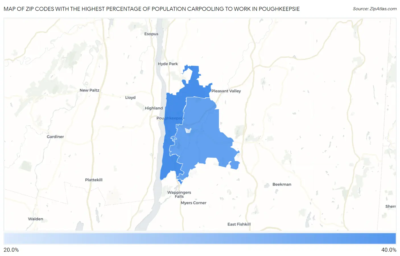 Zip Codes with the Highest Percentage of Population Carpooling to Work in Poughkeepsie Map