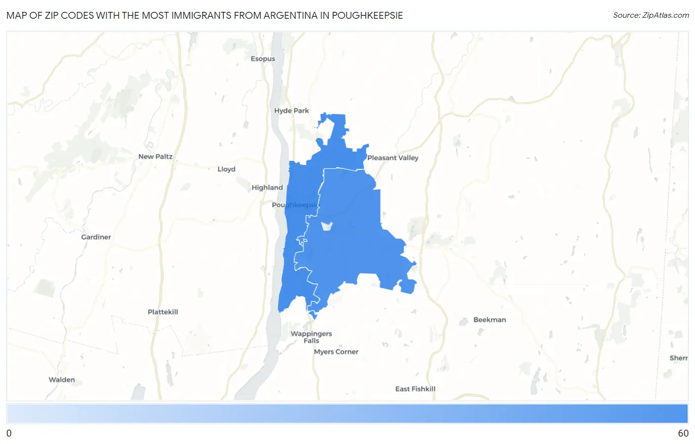 Zip Codes with the Most Immigrants from Argentina in Poughkeepsie Map