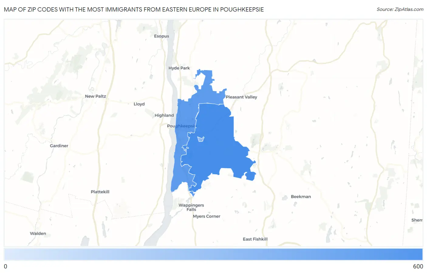 Zip Codes with the Most Immigrants from Eastern Europe in Poughkeepsie Map
