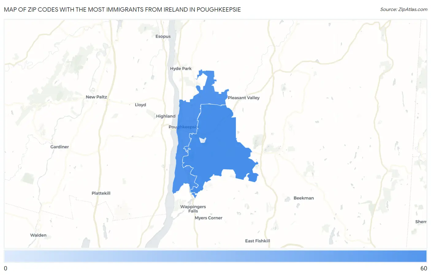 Zip Codes with the Most Immigrants from Ireland in Poughkeepsie Map