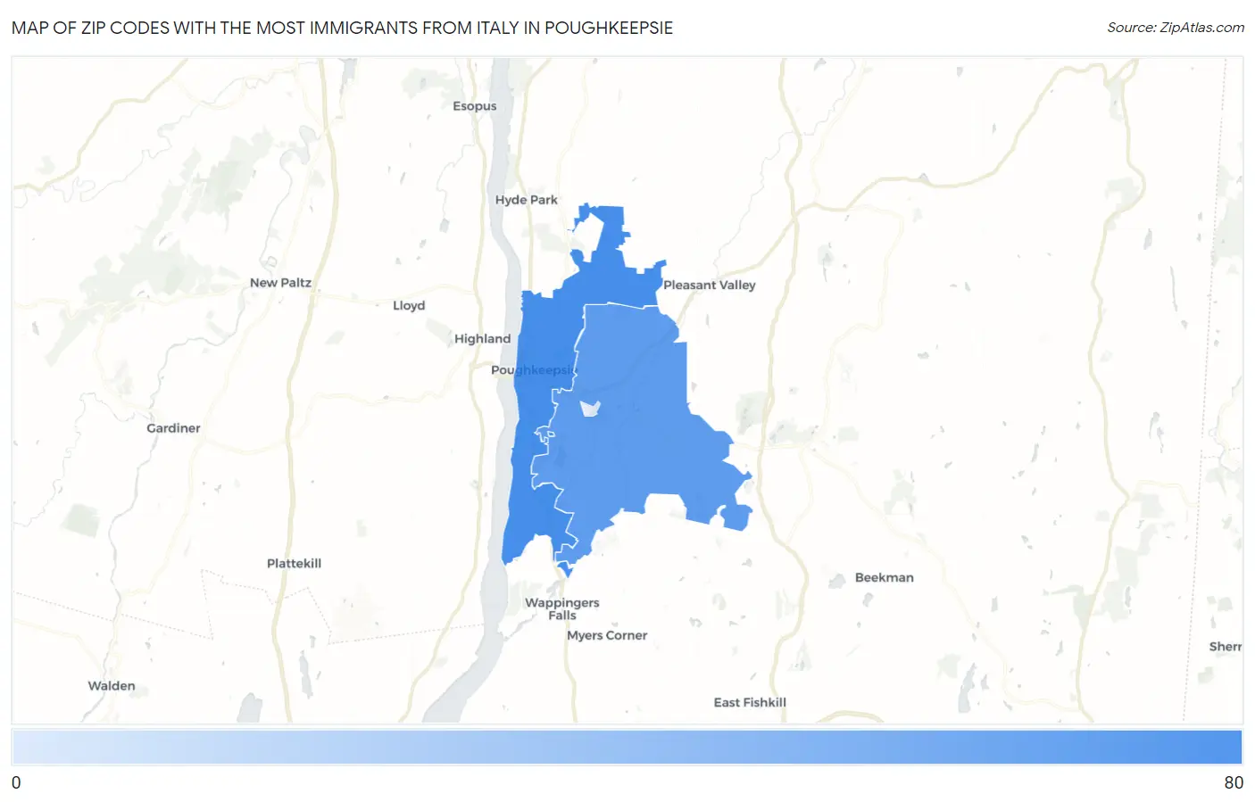 Zip Codes with the Most Immigrants from Italy in Poughkeepsie Map