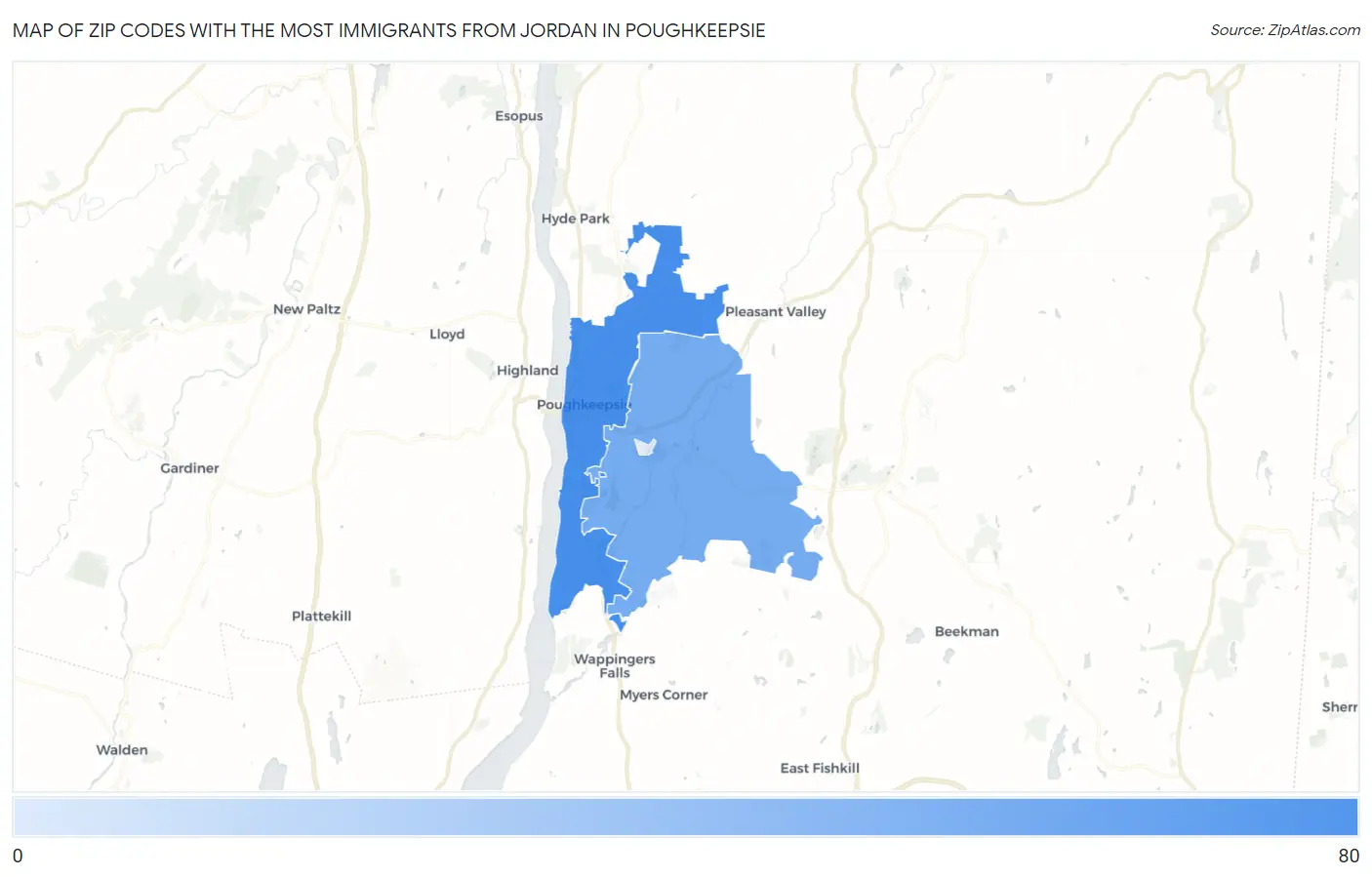 Zip Codes with the Most Immigrants from Jordan in Poughkeepsie Map