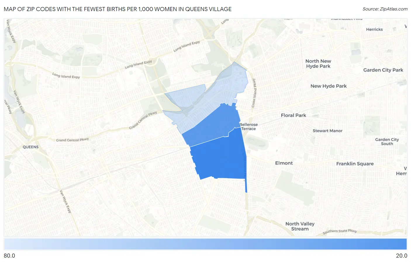 Zip Codes with the Fewest Births per 1,000 Women in Queens Village Map