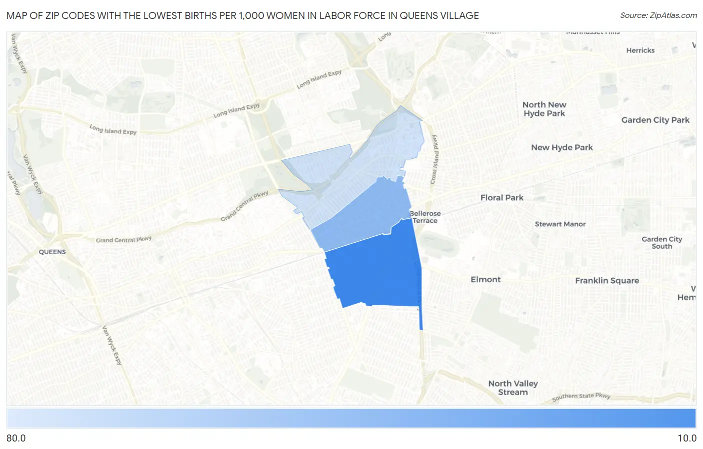 Zip Codes with the Lowest Births per 1,000 Women in Labor Force in Queens Village Map