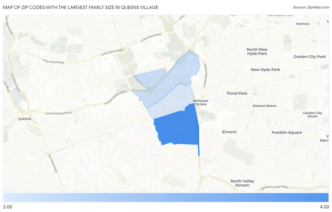 Zip Codes with the Largest Family Size in Queens Village Map