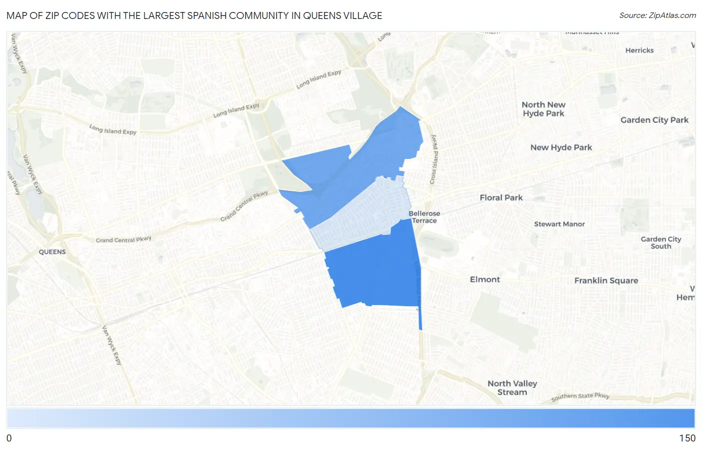 Zip Codes with the Largest Spanish Community in Queens Village Map