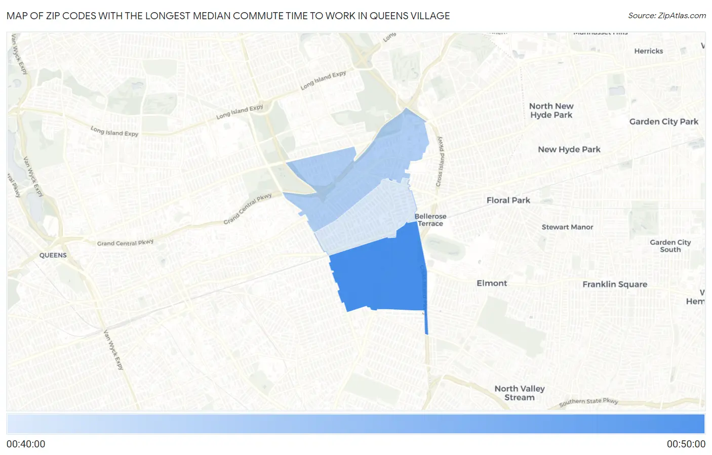 Zip Codes with the Longest Median Commute Time to Work in Queens Village Map