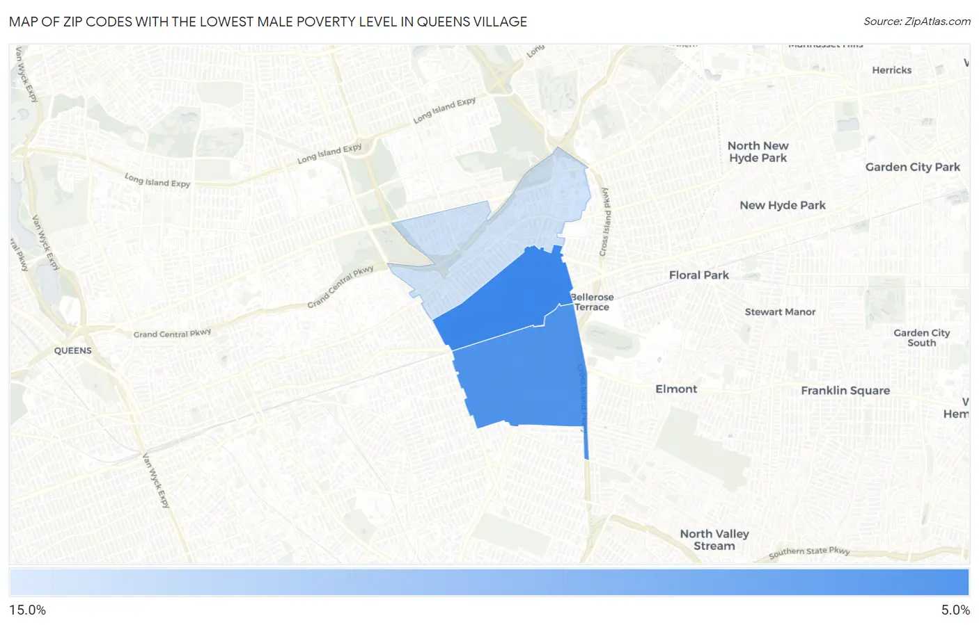 Zip Codes with the Lowest Male Poverty Level in Queens Village Map