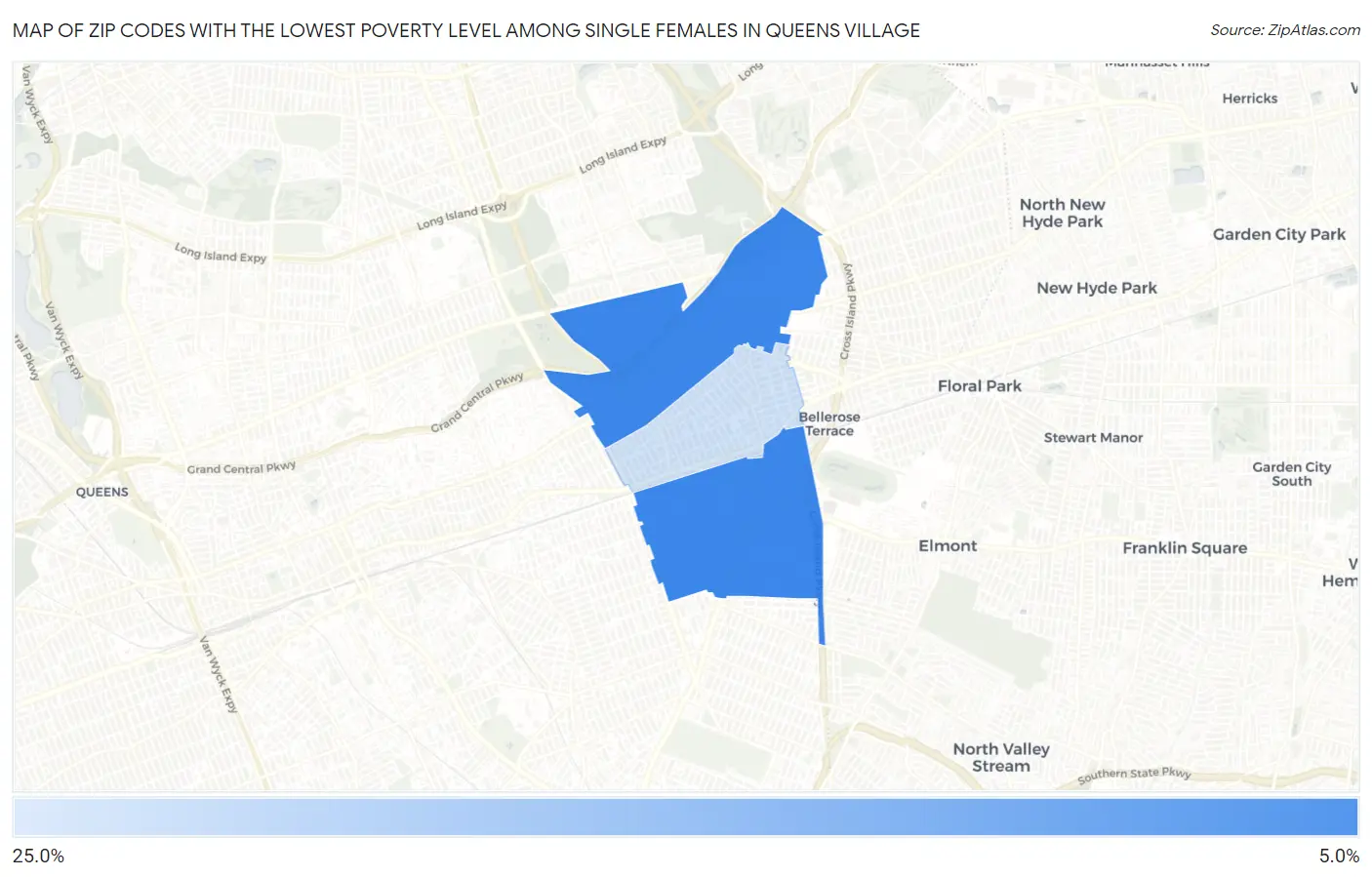 Zip Codes with the Lowest Poverty Level Among Single Females in Queens Village Map