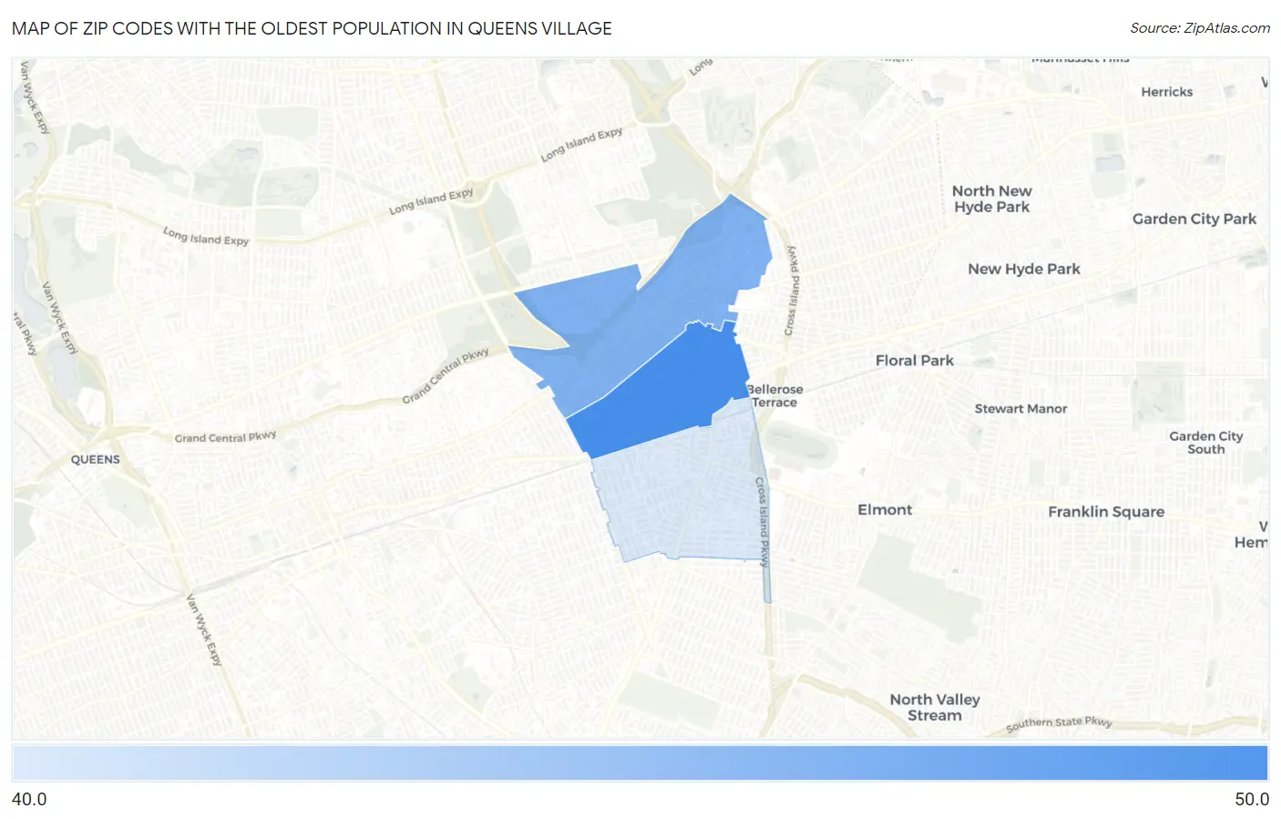 Zip Codes with the Oldest Population in Queens Village Map