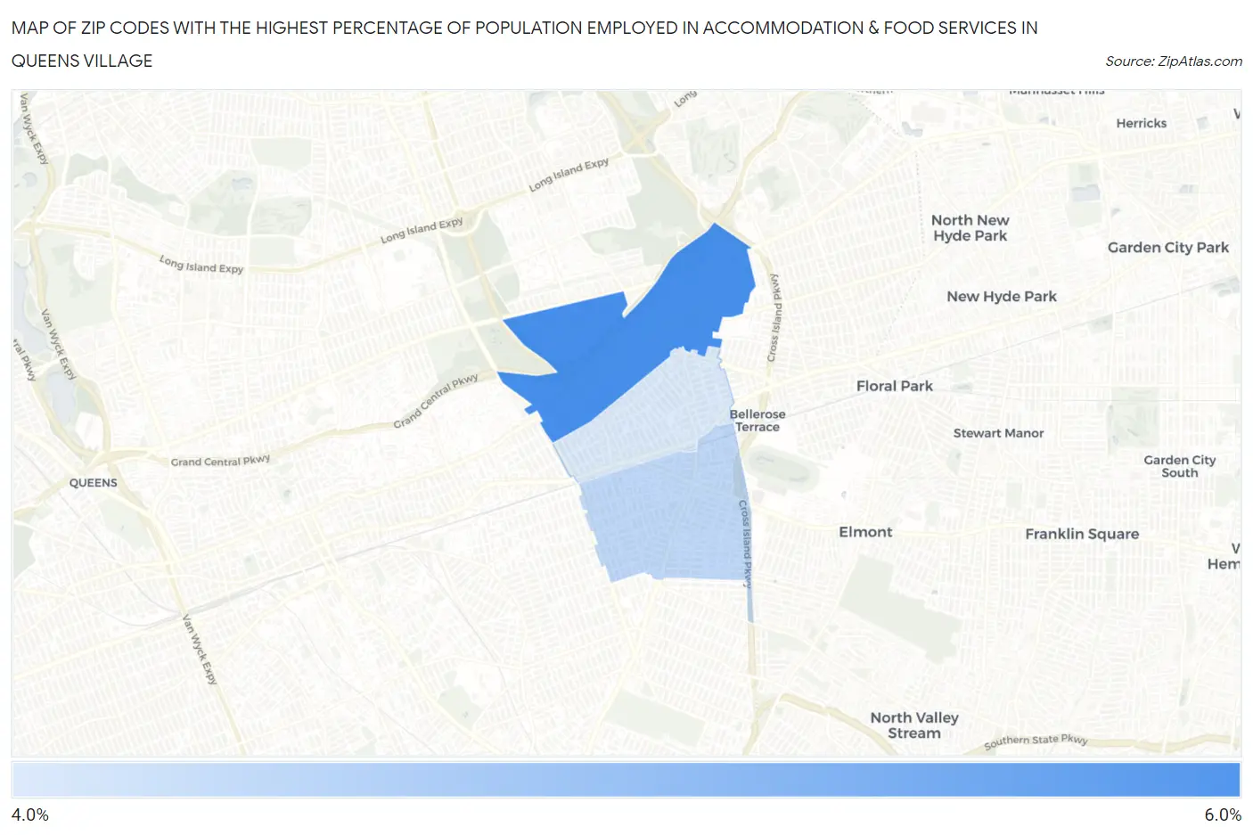 Zip Codes with the Highest Percentage of Population Employed in Accommodation & Food Services in Queens Village Map