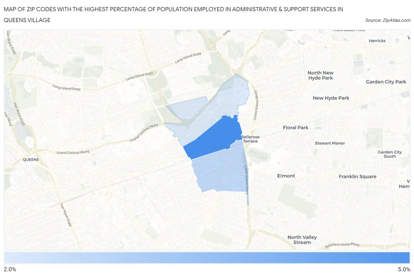 Zip Codes with the Highest Percentage of Population Employed in Administrative & Support Services in Queens Village Map
