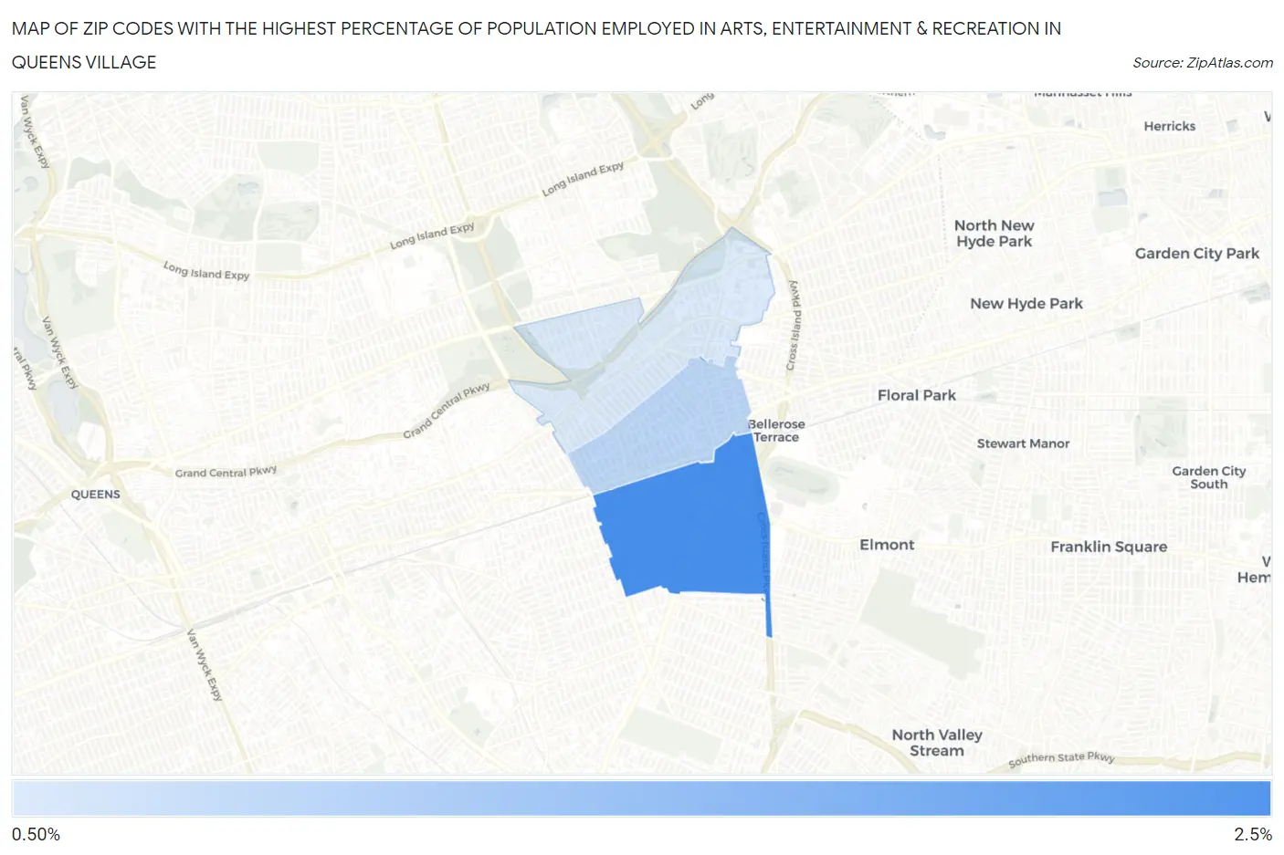 Zip Codes with the Highest Percentage of Population Employed in Arts, Entertainment & Recreation in Queens Village Map