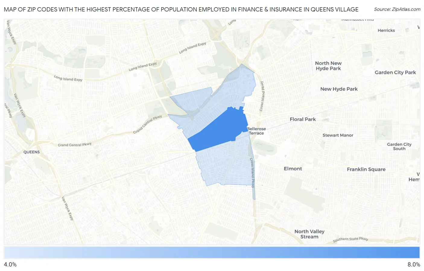 Zip Codes with the Highest Percentage of Population Employed in Finance & Insurance in Queens Village Map