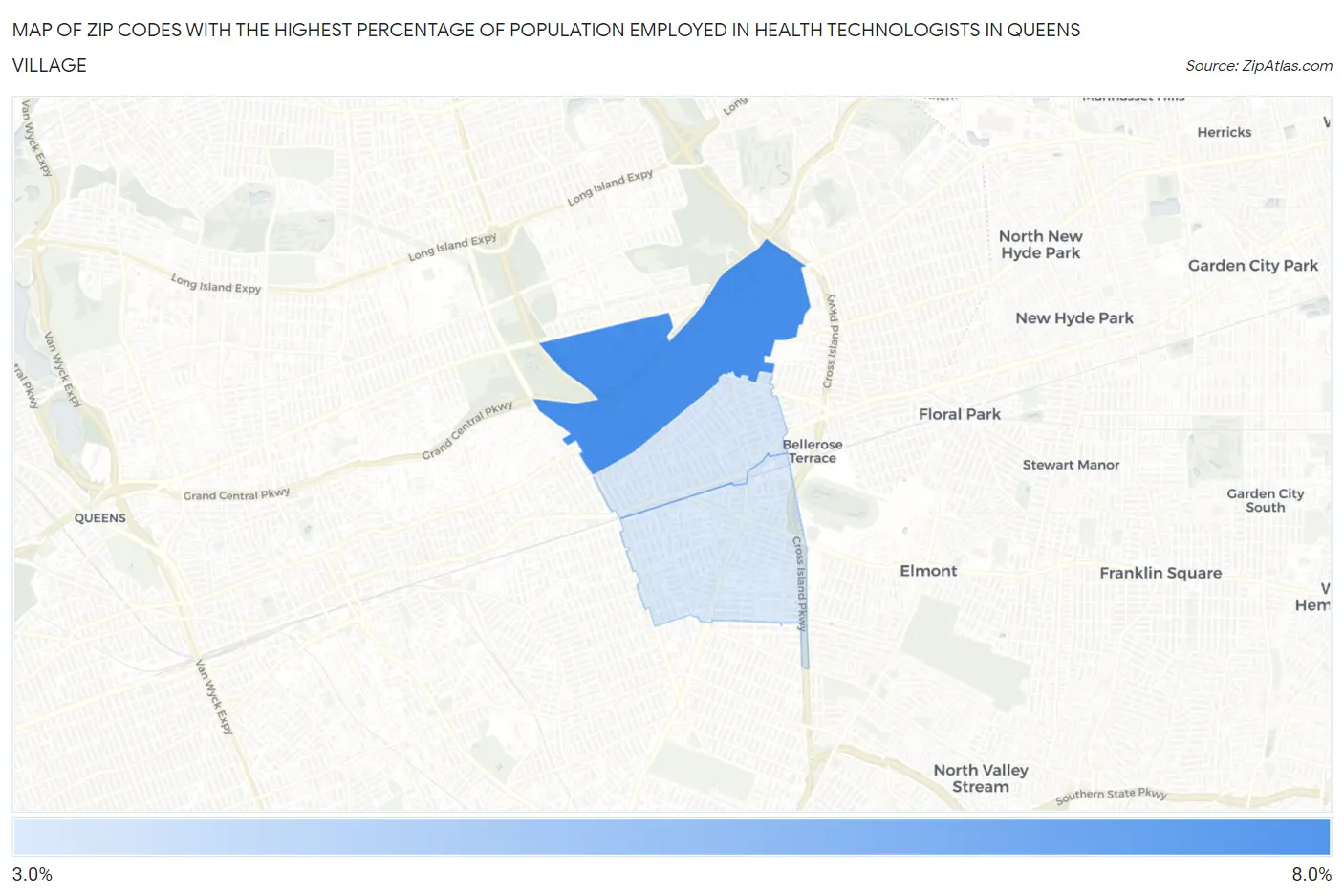 Zip Codes with the Highest Percentage of Population Employed in Health Technologists in Queens Village Map