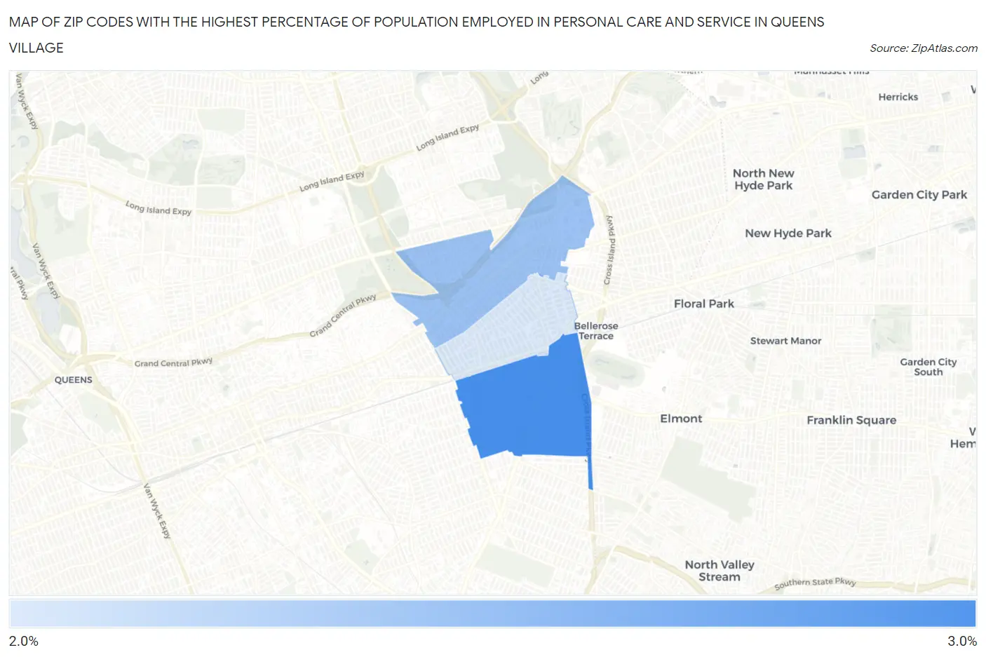 Zip Codes with the Highest Percentage of Population Employed in Personal Care and Service in Queens Village Map