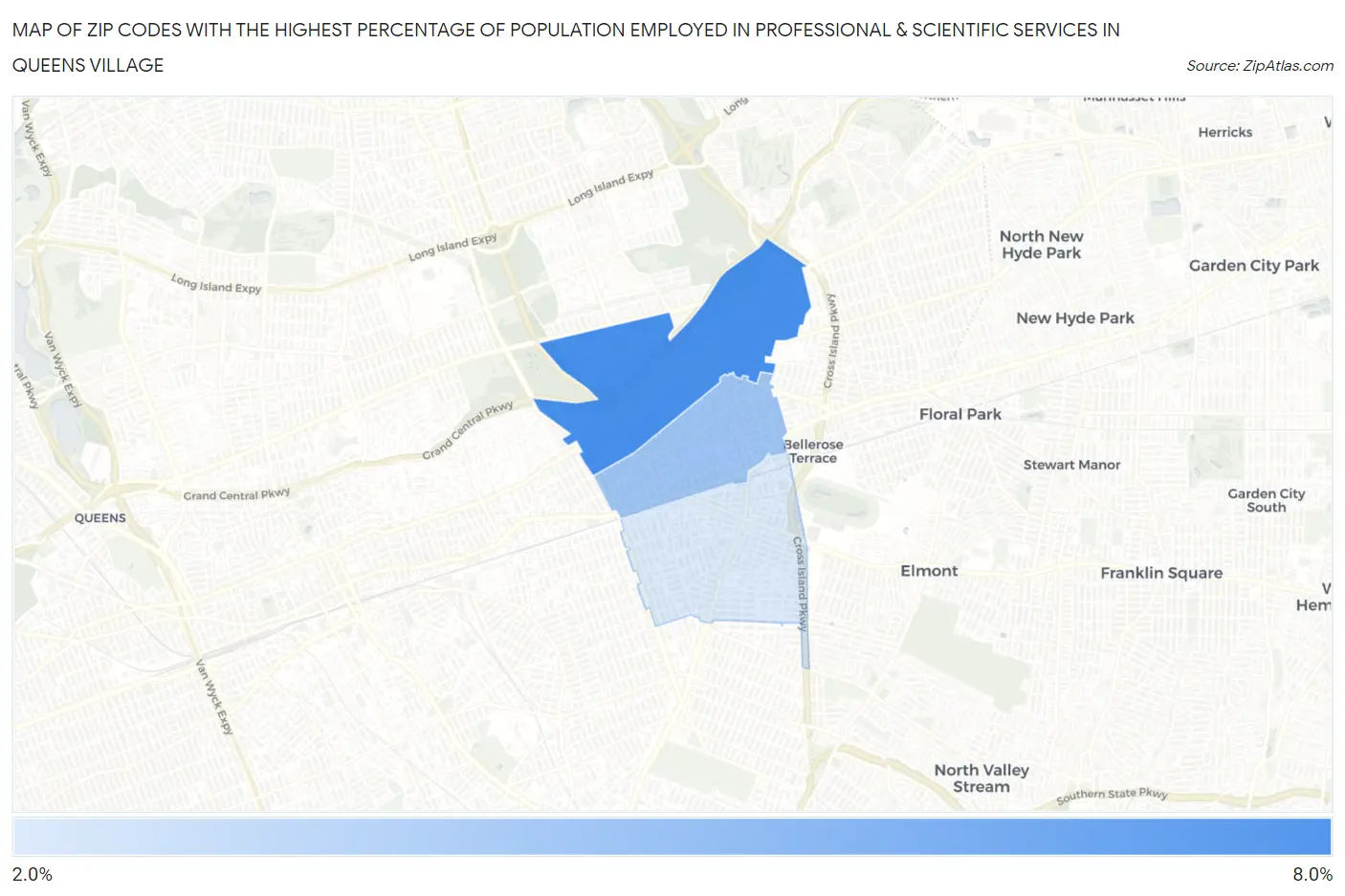 Zip Codes with the Highest Percentage of Population Employed in Professional & Scientific Services in Queens Village Map