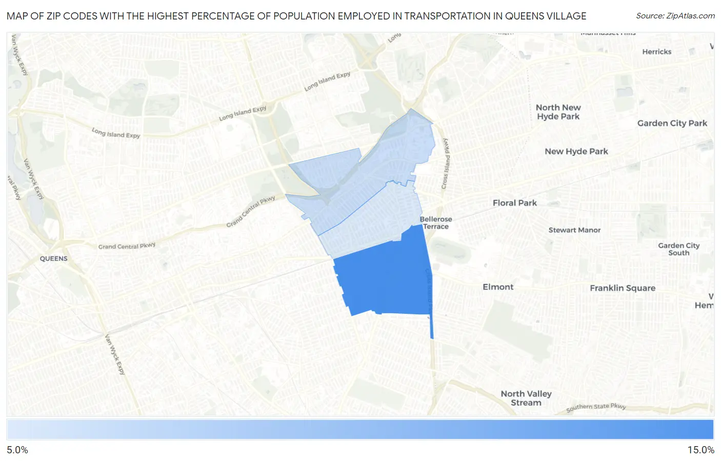 Zip Codes with the Highest Percentage of Population Employed in Transportation in Queens Village Map