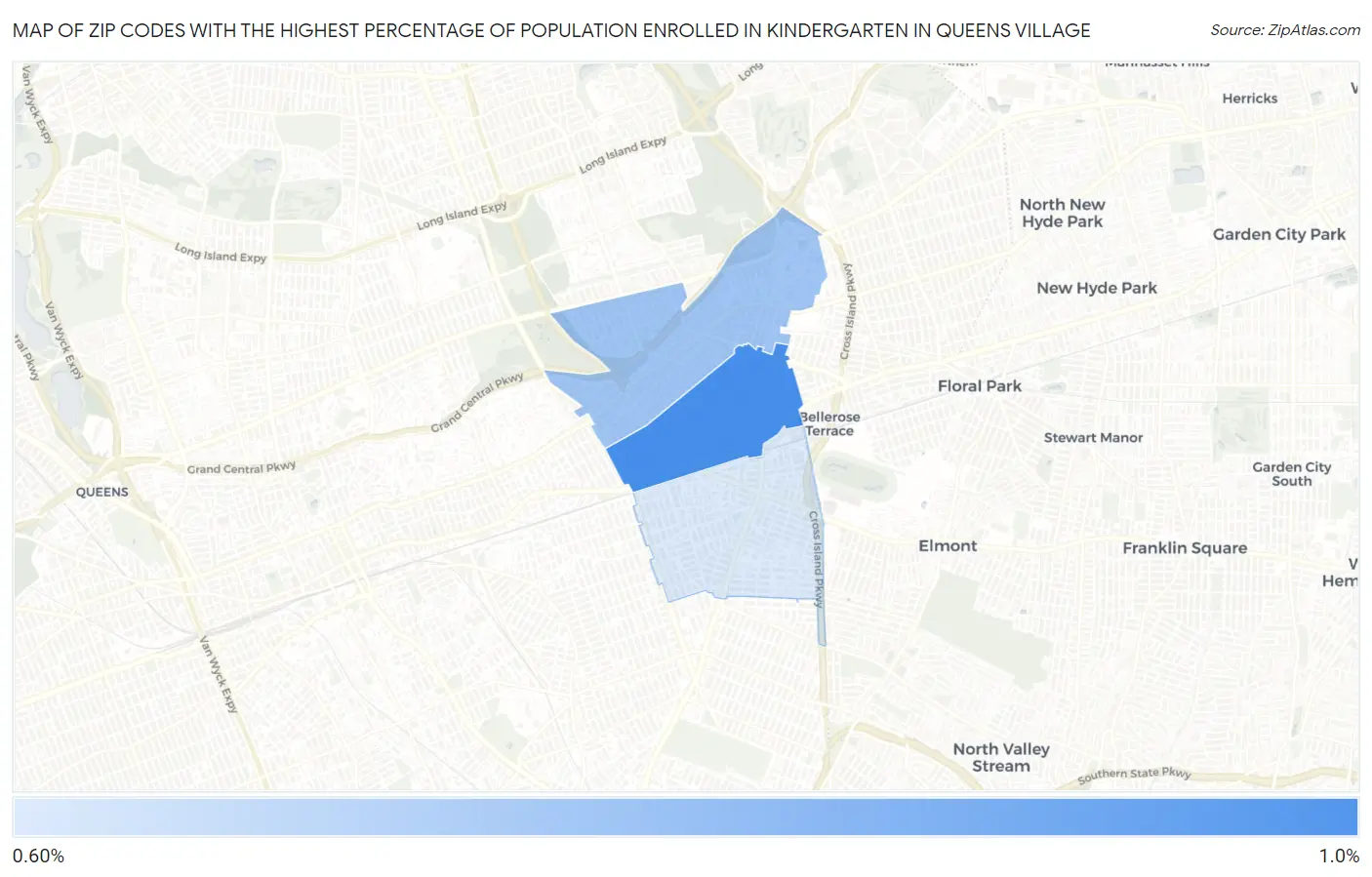 Zip Codes with the Highest Percentage of Population Enrolled in Kindergarten in Queens Village Map