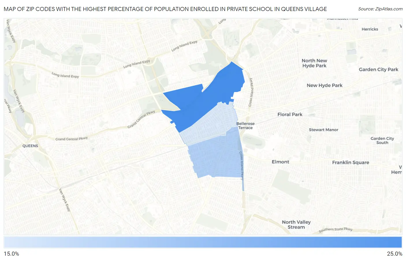 Zip Codes with the Highest Percentage of Population Enrolled in Private School in Queens Village Map