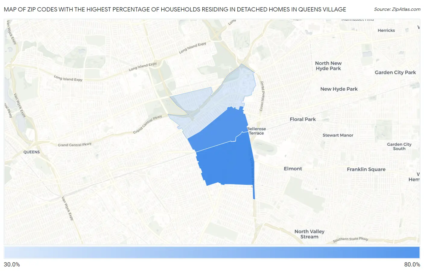 Zip Codes with the Highest Percentage of Households Residing in Detached Homes in Queens Village Map