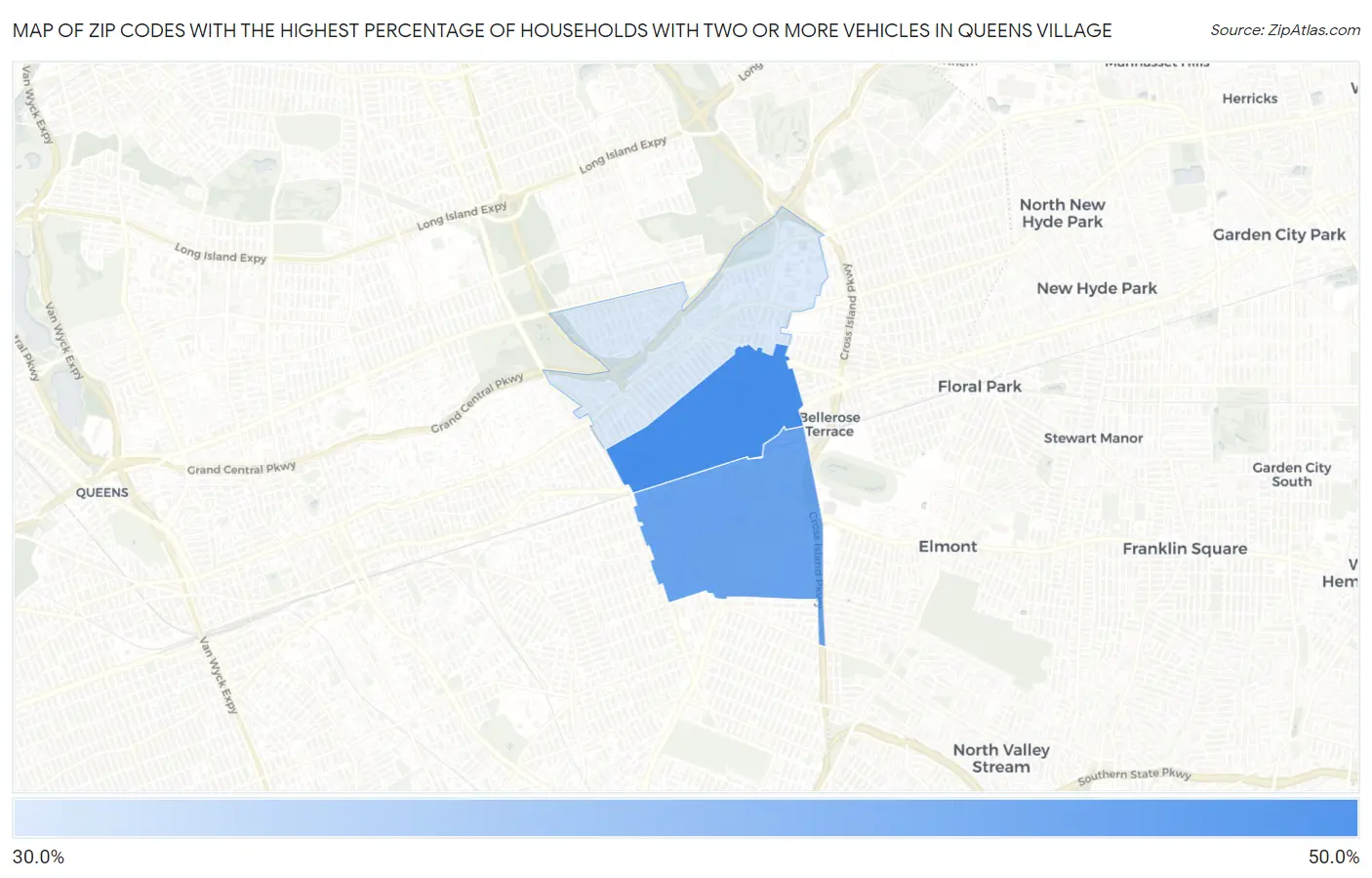 Zip Codes with the Highest Percentage of Households With Two or more Vehicles in Queens Village Map