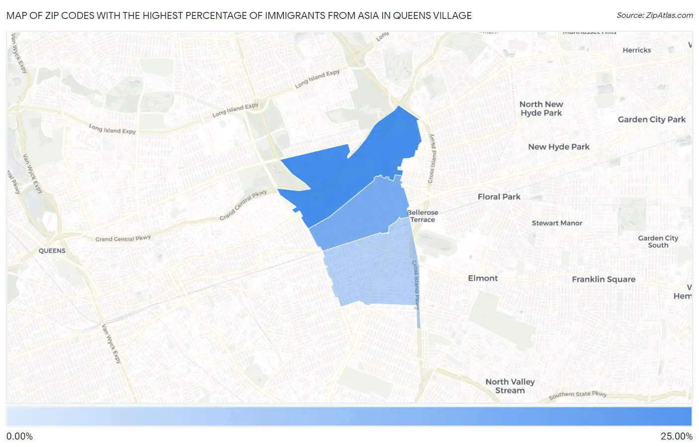 Zip Codes with the Highest Percentage of Immigrants from Asia in Queens Village Map