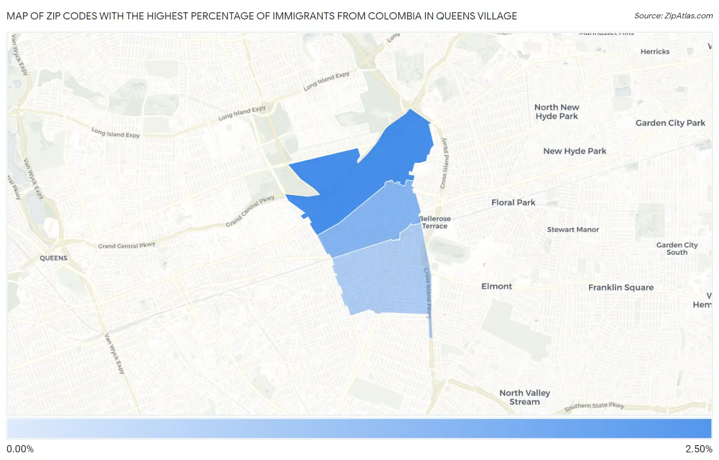 Zip Codes with the Highest Percentage of Immigrants from Colombia in Queens Village Map