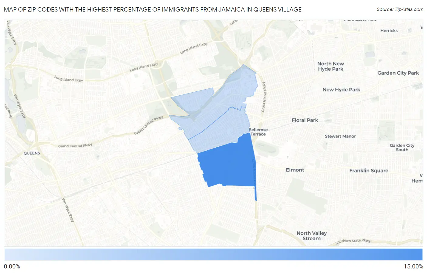 Zip Codes with the Highest Percentage of Immigrants from Jamaica in Queens Village Map