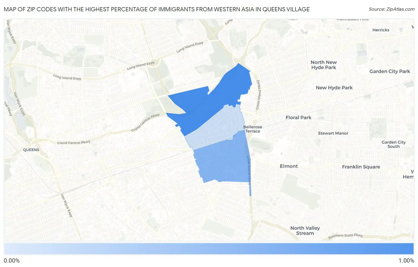 Zip Codes with the Highest Percentage of Immigrants from Western Asia in Queens Village Map