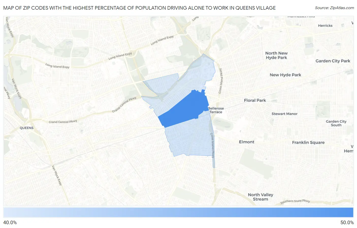 Zip Codes with the Highest Percentage of Population Driving Alone to Work in Queens Village Map