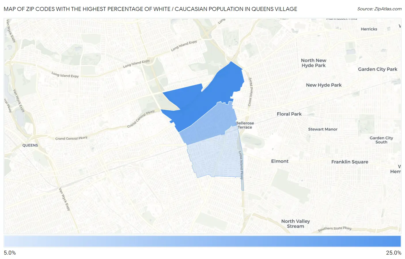 Zip Codes with the Highest Percentage of White / Caucasian Population in Queens Village Map