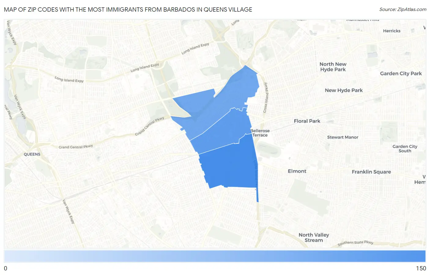 Zip Codes with the Most Immigrants from Barbados in Queens Village Map