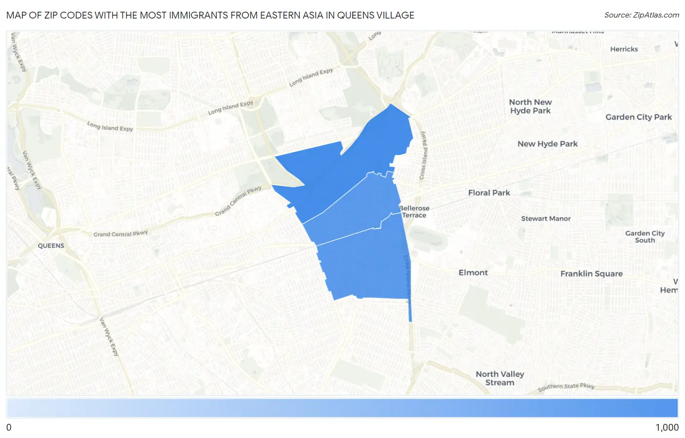 Zip Codes with the Most Immigrants from Eastern Asia in Queens Village Map