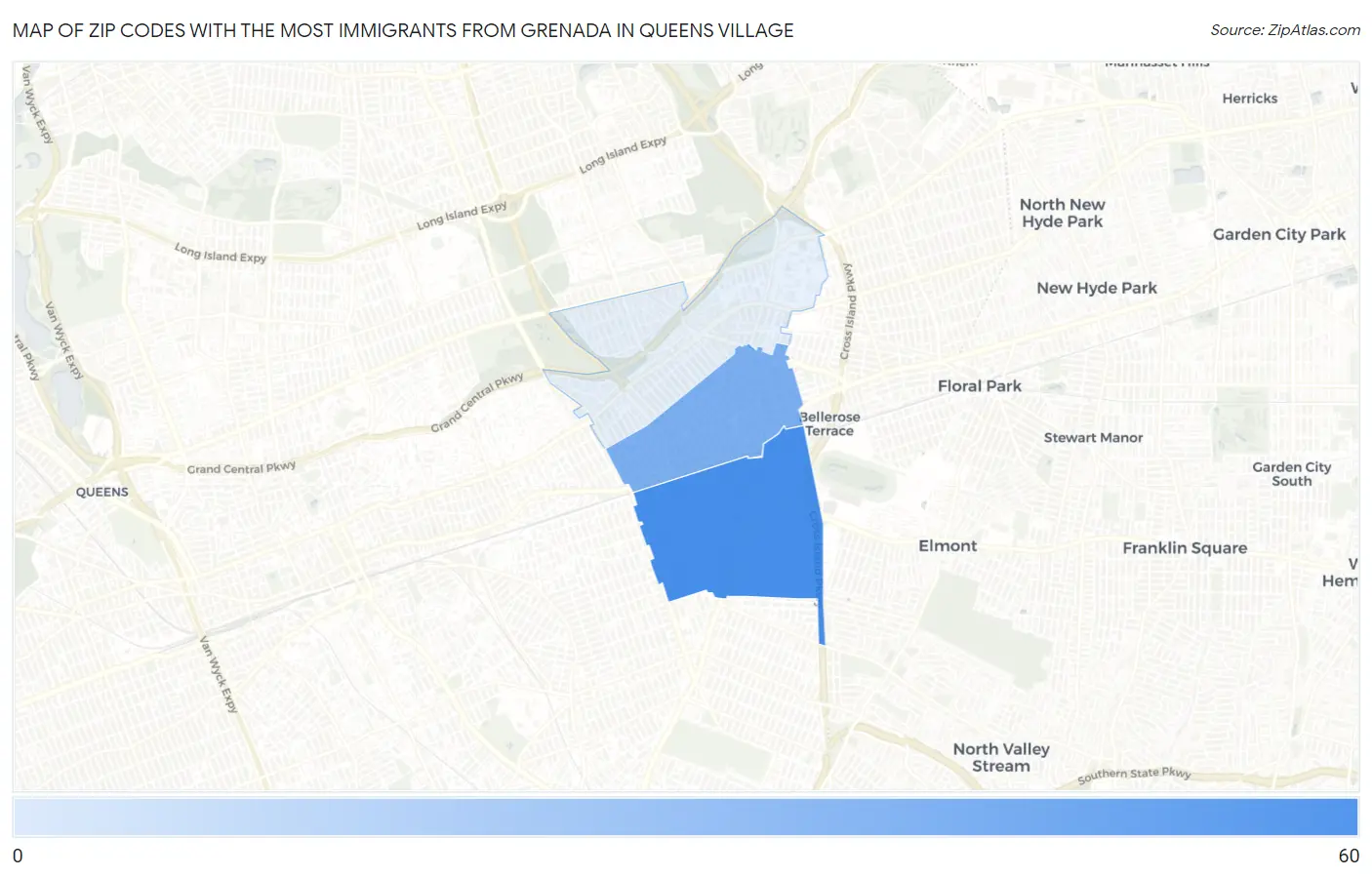 Zip Codes with the Most Immigrants from Grenada in Queens Village Map