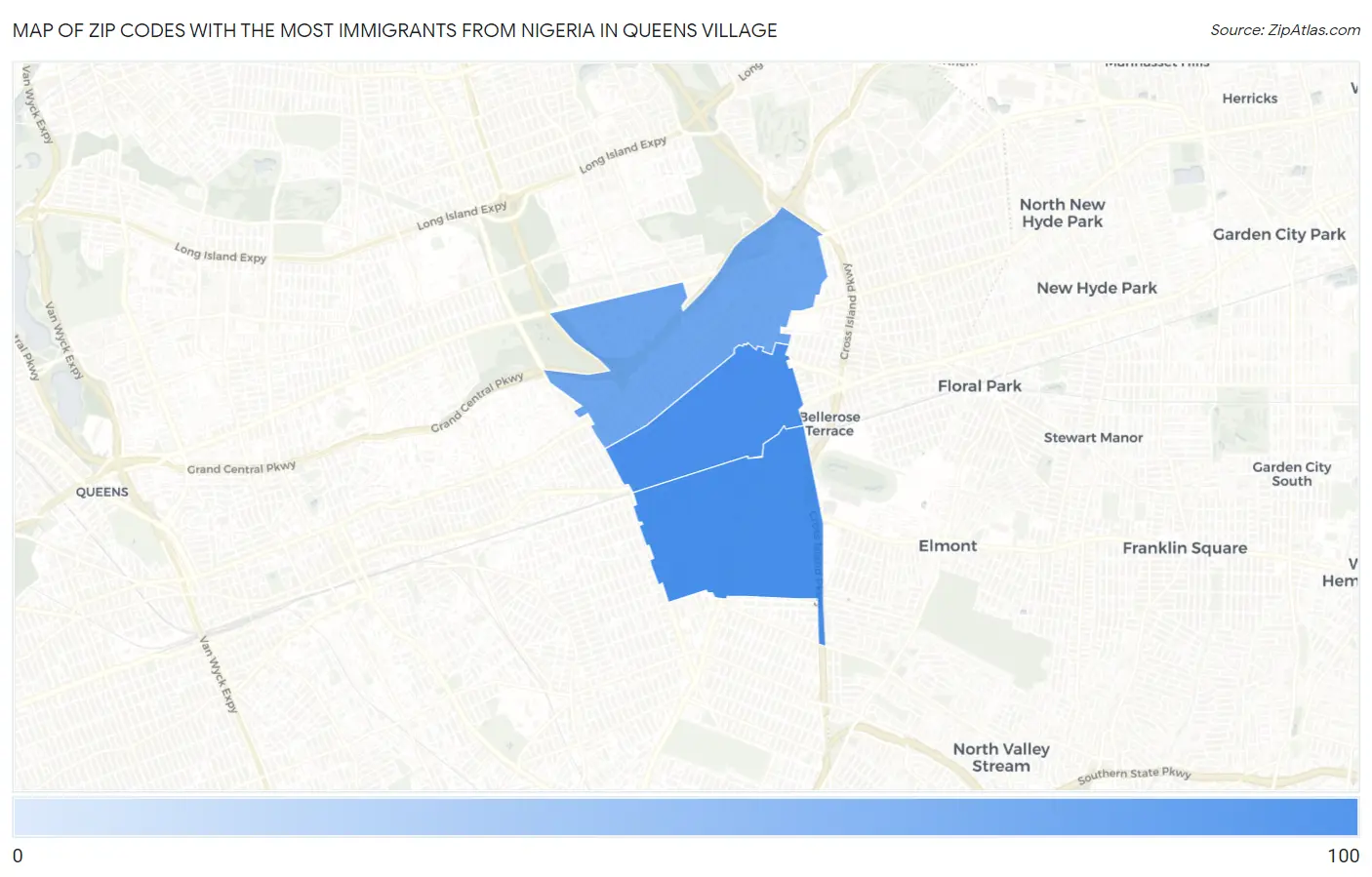 Zip Codes with the Most Immigrants from Nigeria in Queens Village Map