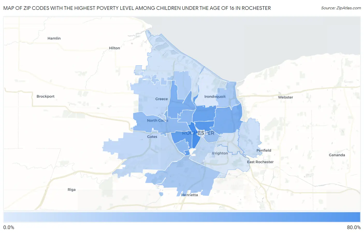 Zip Codes with the Highest Poverty Level Among Children Under the Age of 16 in Rochester Map