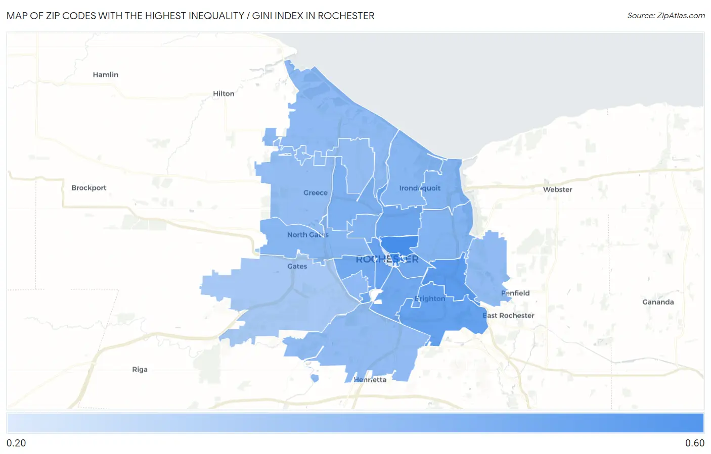 Zip Codes with the Highest Inequality / Gini Index in Rochester Map